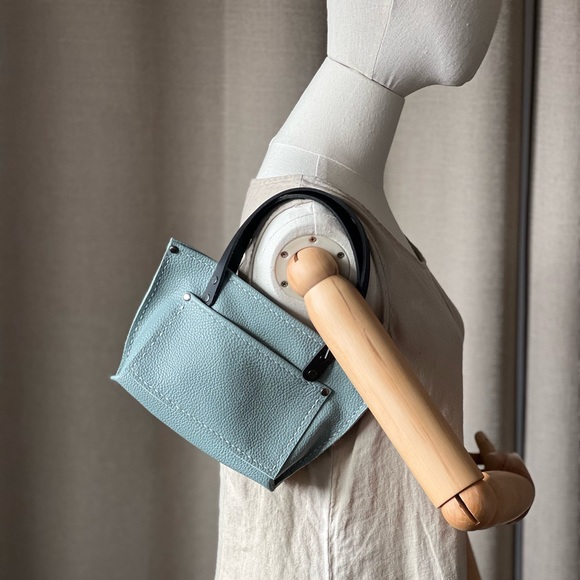 Handmade Mini Sea Foam Blue Leather Tote Bag - Picture 1 of 13
